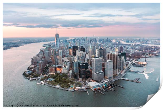 Aerial of lower Manhattan peninsula at sunset, New York, USA Print by Matteo Colombo