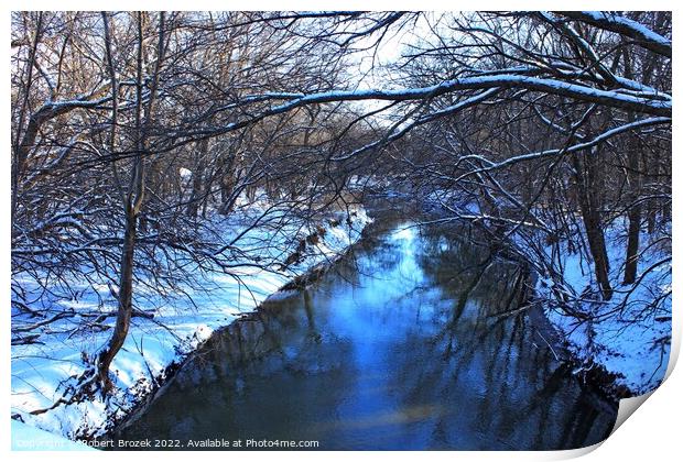 Snowy creek with water and trees Print by Robert Brozek