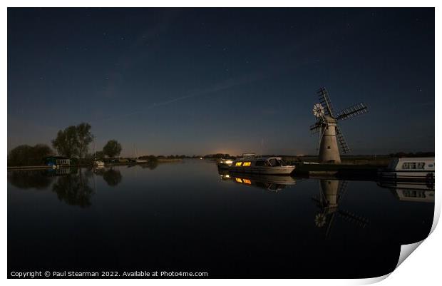 Thurne Mill on the Norfolk Broads under moonlight Print by Paul Stearman