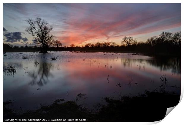 Sunset with flooded fields at Esling Norfolk UK Print by Paul Stearman