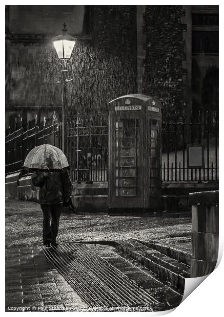 Rain downpour at Norwich market with umbrella man Print by Paul Stearman