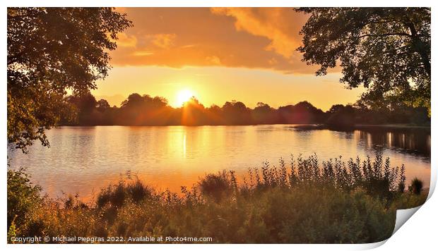 Beautiful and romantic sunset at a lake in yellow and orange col Print by Michael Piepgras