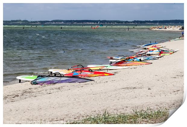 Lots of kite surfing activity at the Baltic Sea beach of Laboe i Print by Michael Piepgras