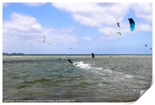 Lots of kite surfing activity at the Baltic Sea beach of Laboe i Print by Michael Piepgras