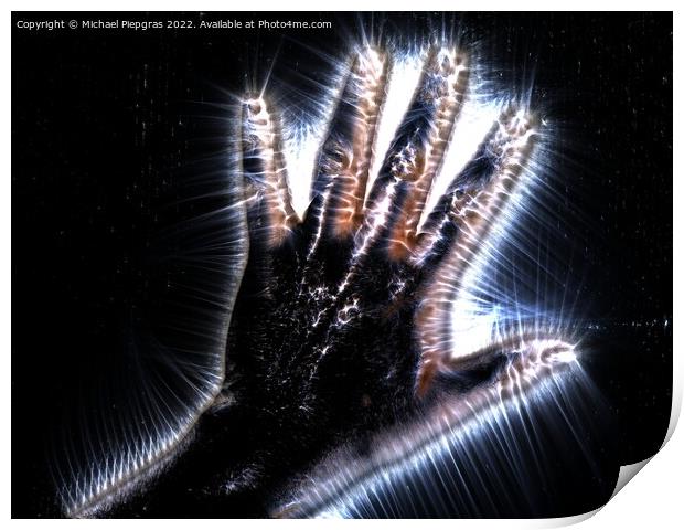 3D-Illustration of a glowing human female hand with a kirlian au Print by Michael Piepgras