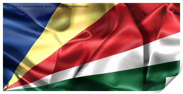 3D-Illustration of a Seychelles flag - realistic waving fabric f Print by Michael Piepgras