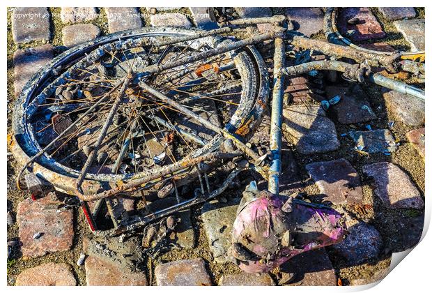 Rusty bicycle got out water from cleaning the port of Kiel in Ge Print by Michael Piepgras