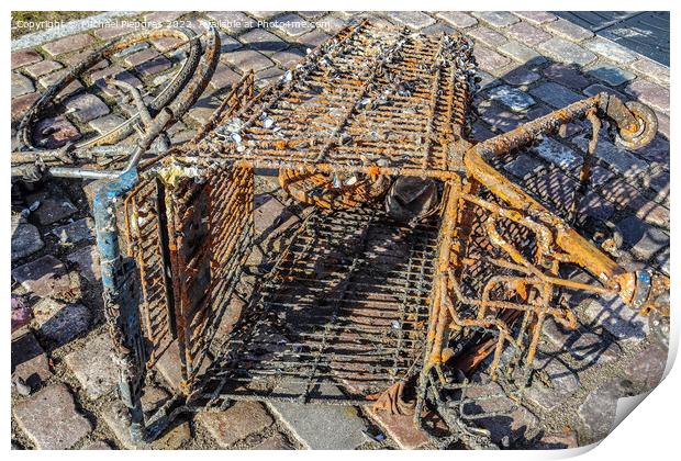Rusty and damaged shopping cart found in the port of Kiel in Ger Print by Michael Piepgras