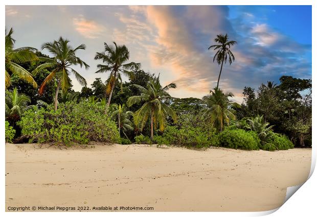 Sunny day beach view on the paradise islands Seychelles Print by Michael Piepgras