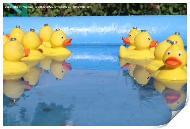 Selective focus. Many yellow rubber ducks swimming in circles in Print by Michael Piepgras