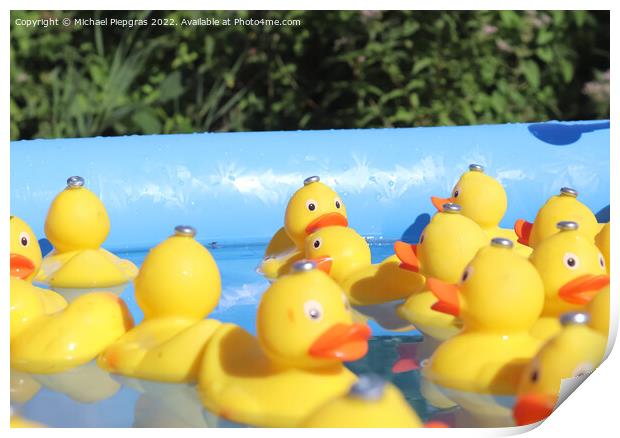 Selective focus. Many yellow rubber ducks swimming in circles in Print by Michael Piepgras