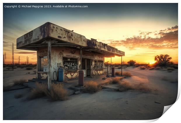 An old abandoned petrol station on a road in the desert created  Print by Michael Piepgras