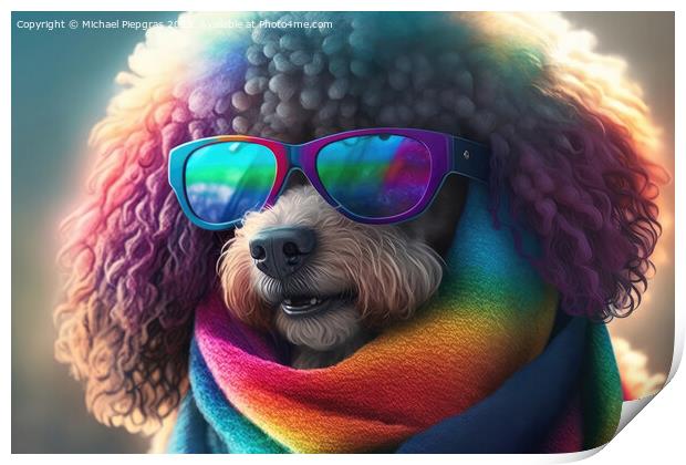 A cute poodle with a scarf in rule sheet colours and sunglasses  Print by Michael Piepgras