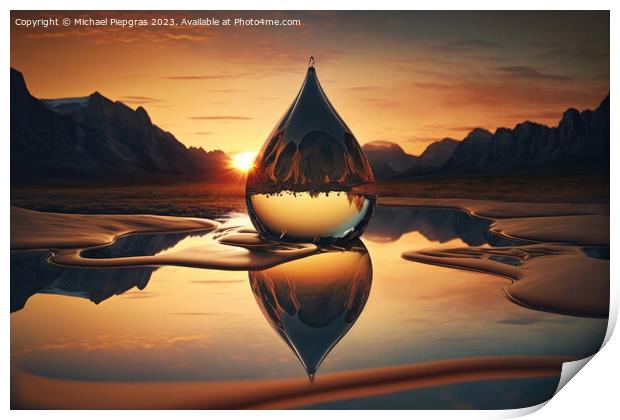 A large drop of water falls into a water surface in the sunset c Print by Michael Piepgras