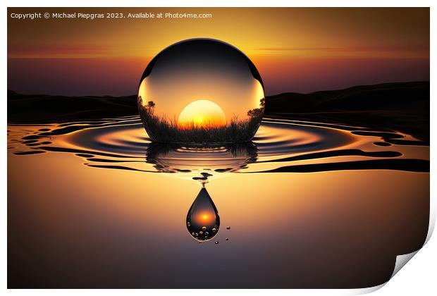 A large drop of water falls into a water surface in the sunset c Print by Michael Piepgras