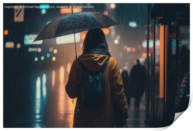 A young woman with an umbrella walks in a modern city at night a Print by Michael Piepgras