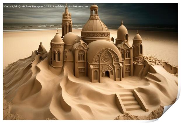 A sandcastle in the shape of a church on a beach created with ge Print by Michael Piepgras