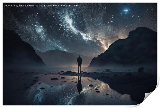 A lone person looks up at the stars of the Galaxy at night creat Print by Michael Piepgras