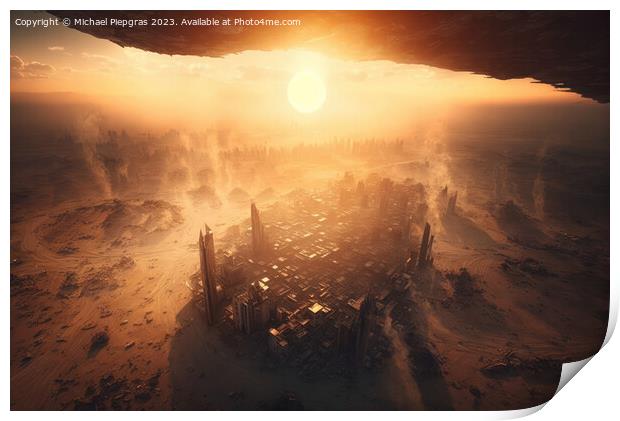 Metropolis after the apocalypse from a birds eye view sunset cre Print by Michael Piepgras