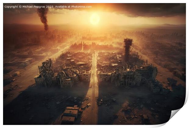 Metropolis after the apocalypse from a birds eye view sunset created with generative AI technology Print by Michael Piepgras
