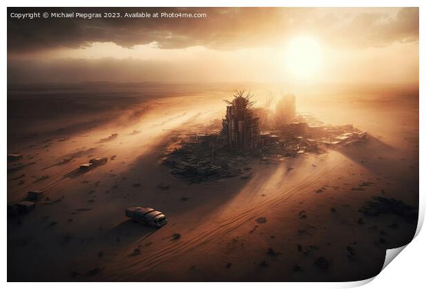 Metropolis after the apocalypse from a birds eye view sunset cre Print by Michael Piepgras