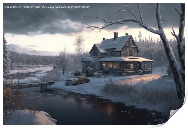 A beautiful winter landscape at Christmas with a small cosy hut  Print by Michael Piepgras