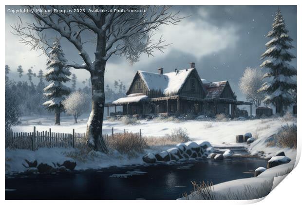 A beautiful winter landscape at Christmas with a small cosy hut  Print by Michael Piepgras