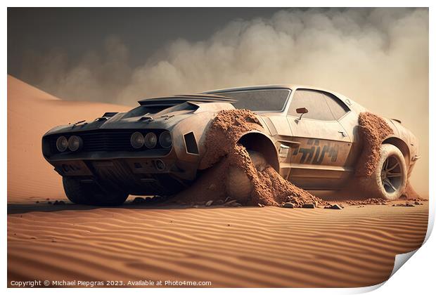 A fast muscle car churns up sand in a desert created with genera Print by Michael Piepgras