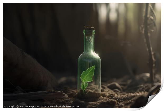 A single green seedling in a glass bottle on an apocalyptic dry  Print by Michael Piepgras