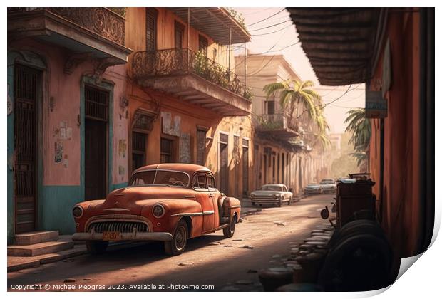 A Street in a town in a cubanic look with a lot of old rusty car Print by Michael Piepgras
