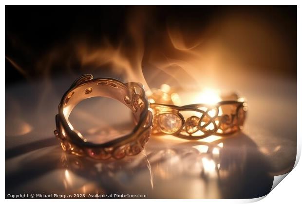 Two wedding rings made of light and energy created with generati Print by Michael Piepgras
