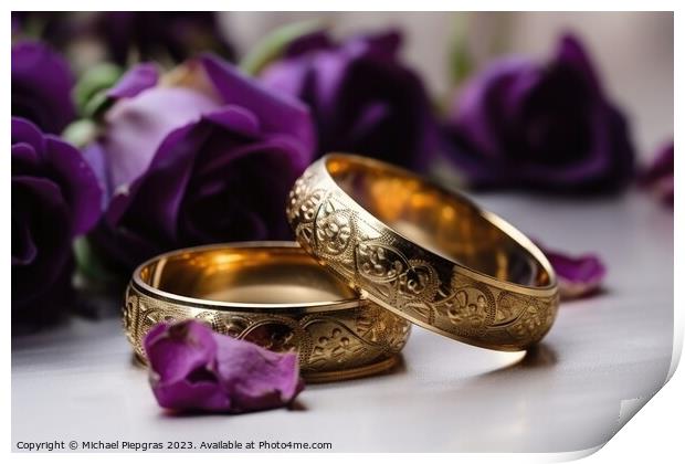 Two wedding rings made of gold on a light surface with some rose Print by Michael Piepgras