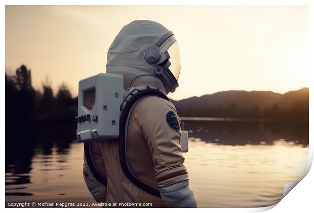 A female astronaut stands by a lake and looks at the stars creat Print by Michael Piepgras