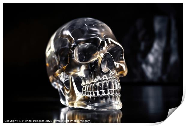 A crystal skull in a dark cave created with generative AI techno Print by Michael Piepgras