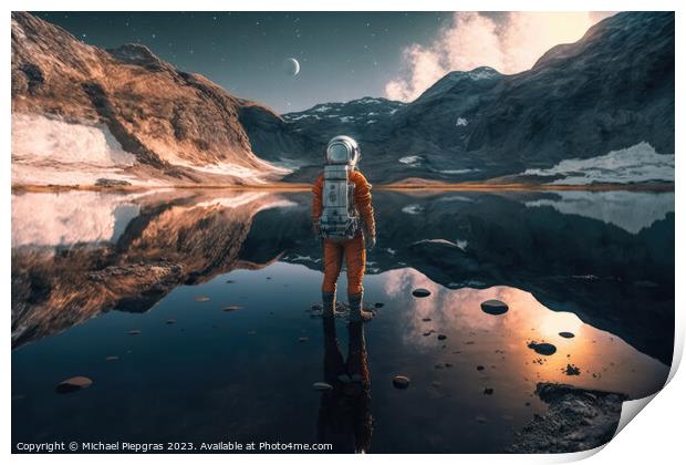 A female astronaut stands by a lake and looks at the stars creat Print by Michael Piepgras
