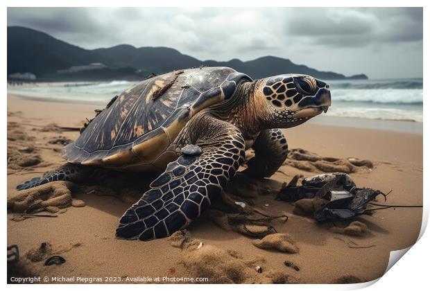 A large turtle drags itself onto a beach created with generative Print by Michael Piepgras