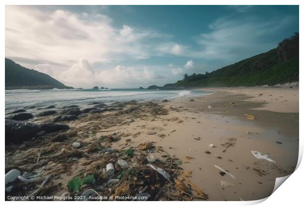 A lot of plastic waste on a tropical dream beach created with ge Print by Michael Piepgras