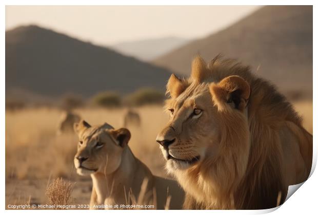 A male lion and a female lion in the background created with gen Print by Michael Piepgras