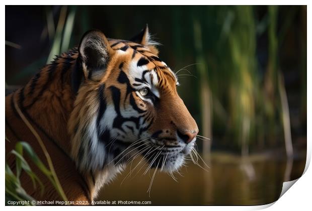 A strong tiger in the high grass at a river created with generat Print by Michael Piepgras