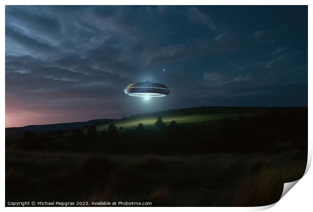 A UFO with a spotlight pointed at the bottom of the landscape -  Print by Michael Piepgras