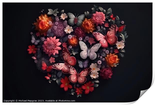 A Valentines Day Heart of Flowers and Butterflies on a Dark Back Print by Michael Piepgras