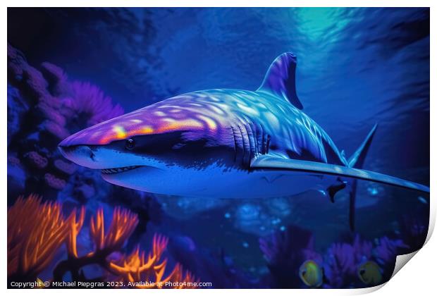 Blacklight Painting of a shark in the Ocean created with generat Print by Michael Piepgras
