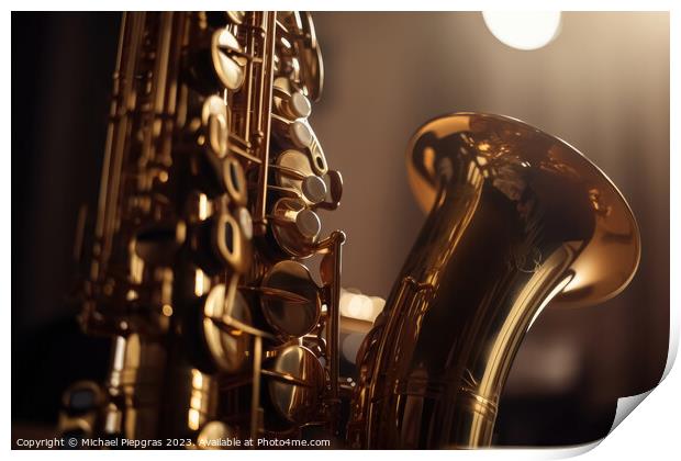 Close-up of a saxophone with reflections and a soft bokeh of lig Print by Michael Piepgras