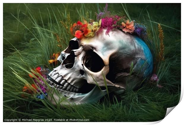 Colorful flowers growing out of a skull some grass on the ground Print by Michael Piepgras