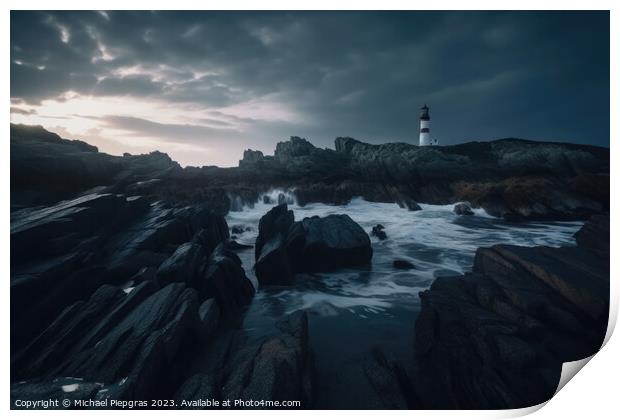 Long exposure of a rocky coast with a lighthouse on it created w Print by Michael Piepgras