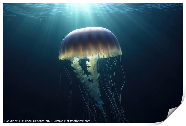 Realistic jellyfish in the depths of the ocean with lightbeams f Print by Michael Piepgras