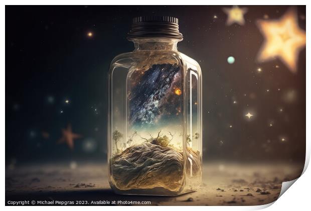 The universe in a glass bottle created with generative AI techno Print by Michael Piepgras
