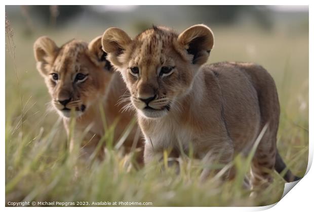 Two cute lion cubs playing in the flat grass of the savannah cre Print by Michael Piepgras