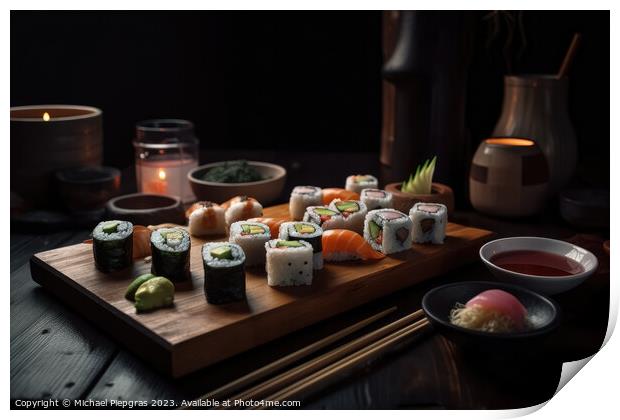 Very tasty sushi served on a dark wooden plate with chopsticks a Print by Michael Piepgras