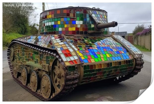 A military tank made of stained glas on a road created with gene Print by Michael Piepgras
